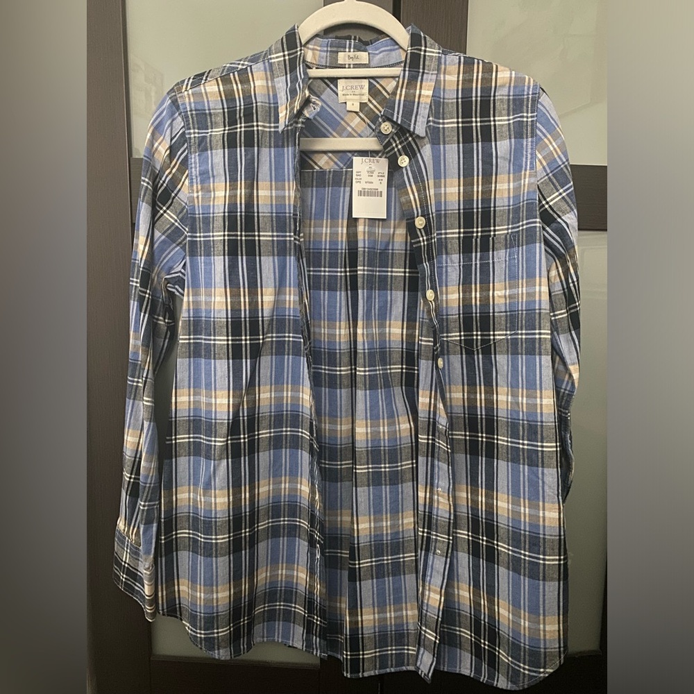 J Crew boy fit blue plaid shirt
